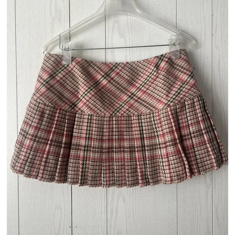 Y2K Abercrombie Fitch Mini Skirt Pink Brown Plaid Pleated Wool Blend & Silk Sz 8
